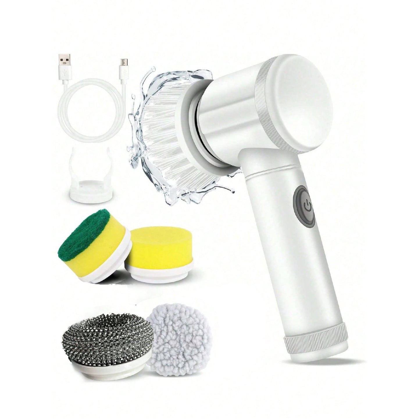 White electric cleaning brush kit with rotating head, power cable, and brush accessories