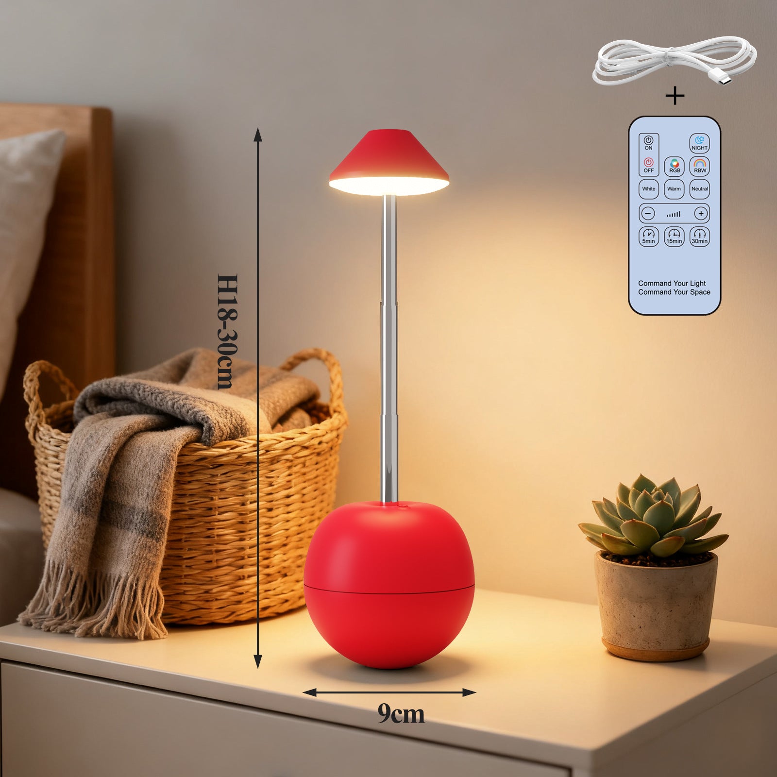 Rechargeable LED bedside night light with red tumbler base, warm glow, and remote control