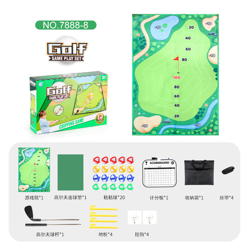 Children’s golf game set with green play mat, scoreboard, and accessory pieces