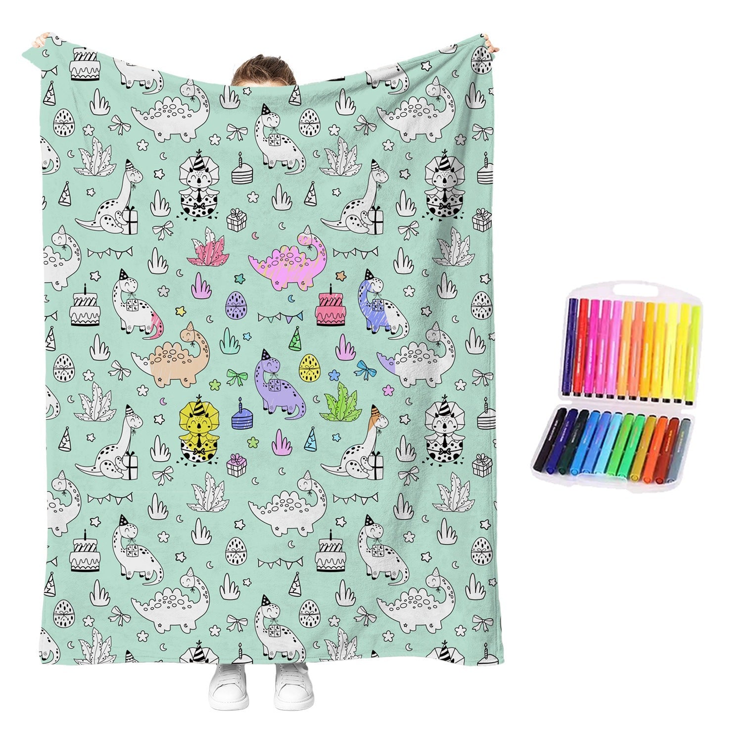 Dinosaurs and cactus washable coloring blanket, mint; includes rainbow color pens