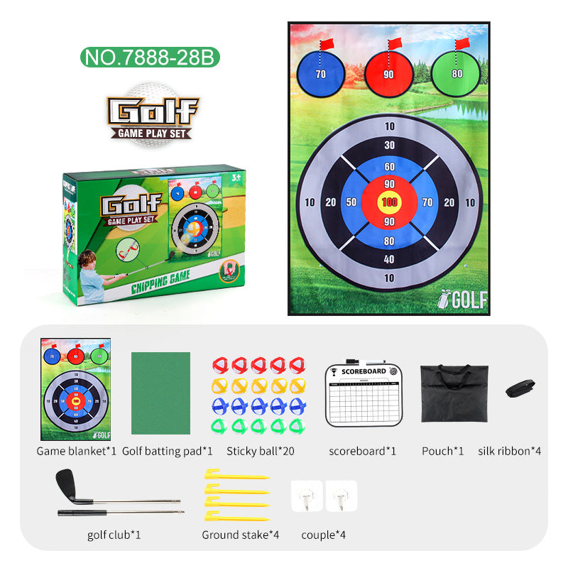 Children's golf game set with circular dartboard target, scoring mat, and included clubs