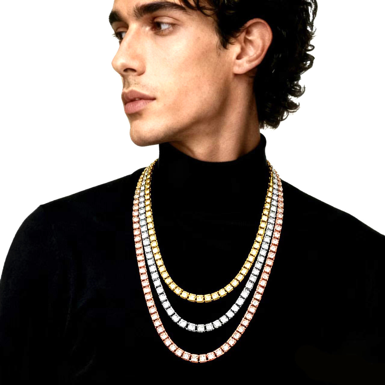 Mens layered diamond-cut Cuban link tennis necklace in silver and gold tones
