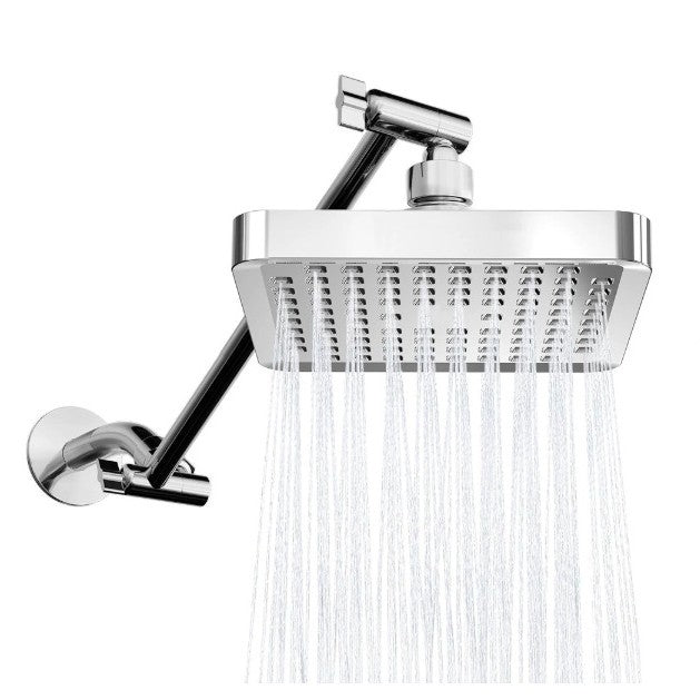 Chrome concealed shower head set with square overhead rain panel and wall diverter