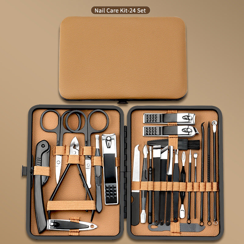 Professional nail clipper grooming tool set with tan case opened, 24 tools neatly arranged