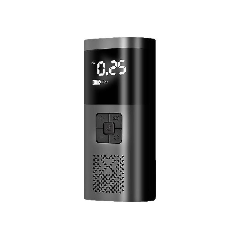 Portable car tyre inflator front view with LED bar display, SOS controls, and vent grille