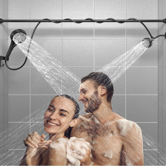 Dual shower spray from two heads with black concealed bracket and extension rods