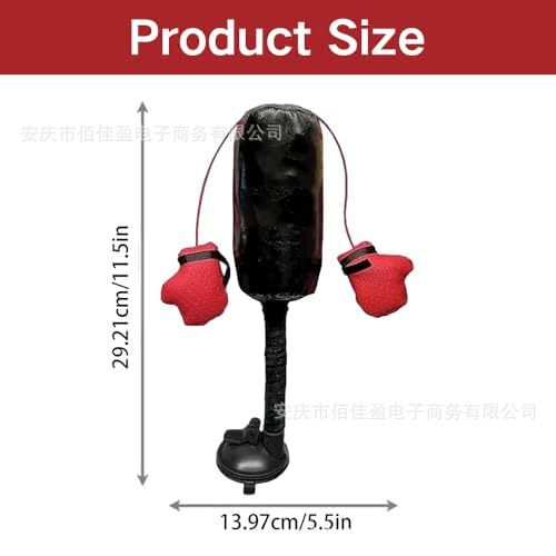 Cat wand toy size view: black wand with red plush attachments and round base