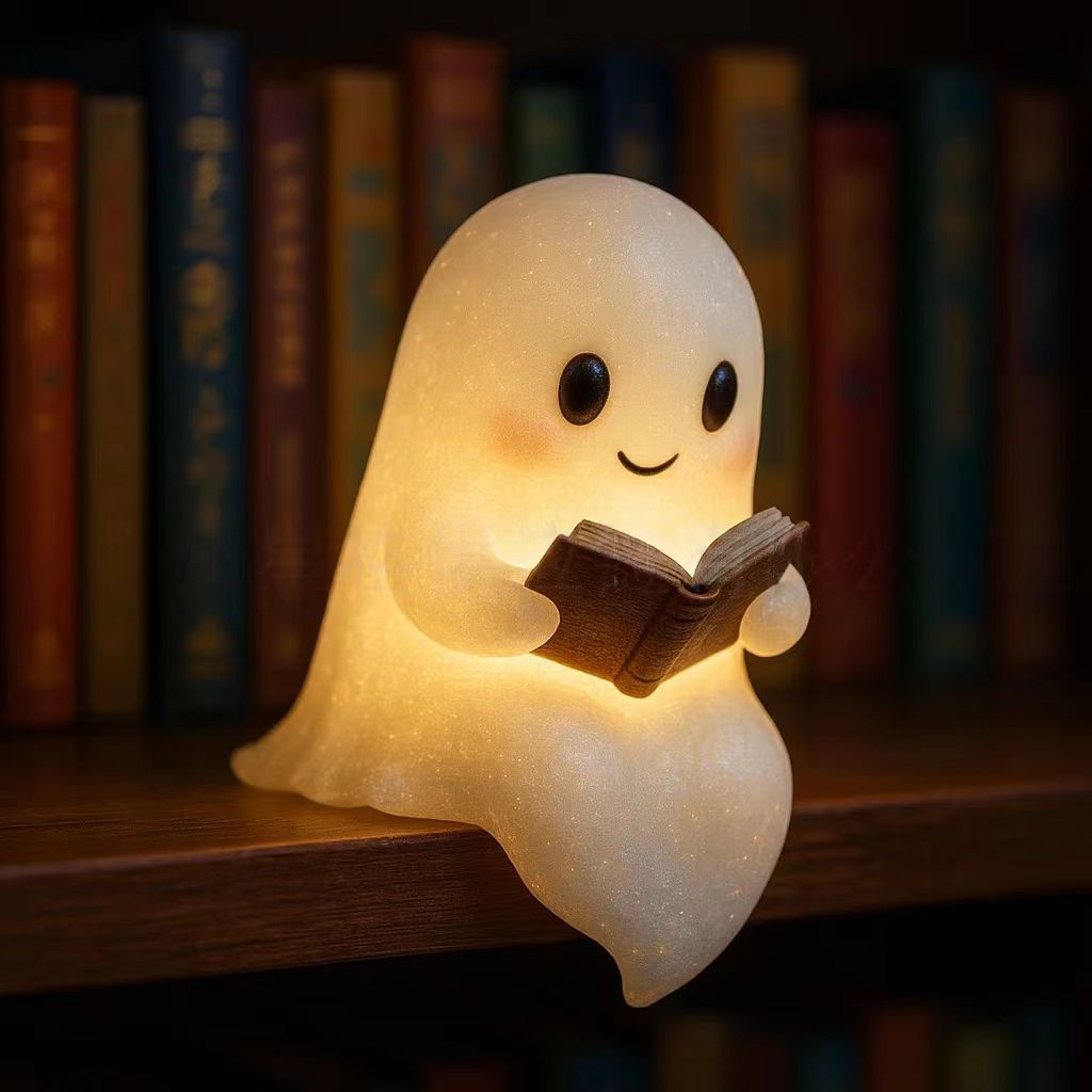 Ghost bookshelf night light lamp with smiling face holding open book, warm glow