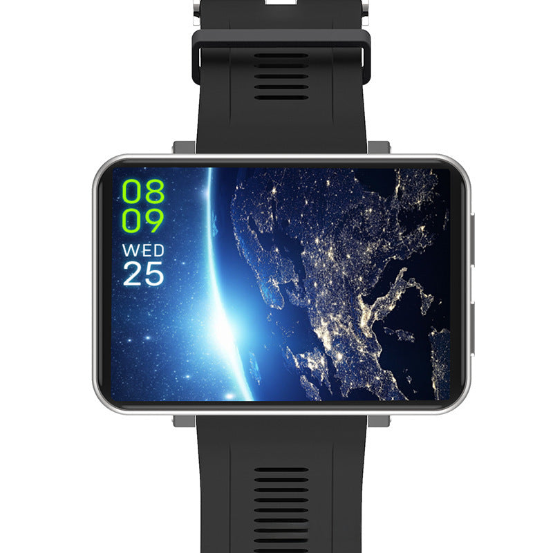 Black android smartwatch with front view touchscreen showing date and time