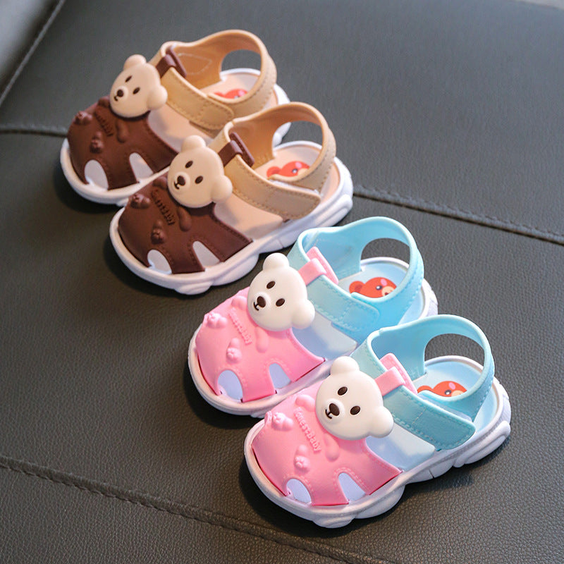 Kids bear sandals in brown, pink, and light blue, white soles, bear face front patches