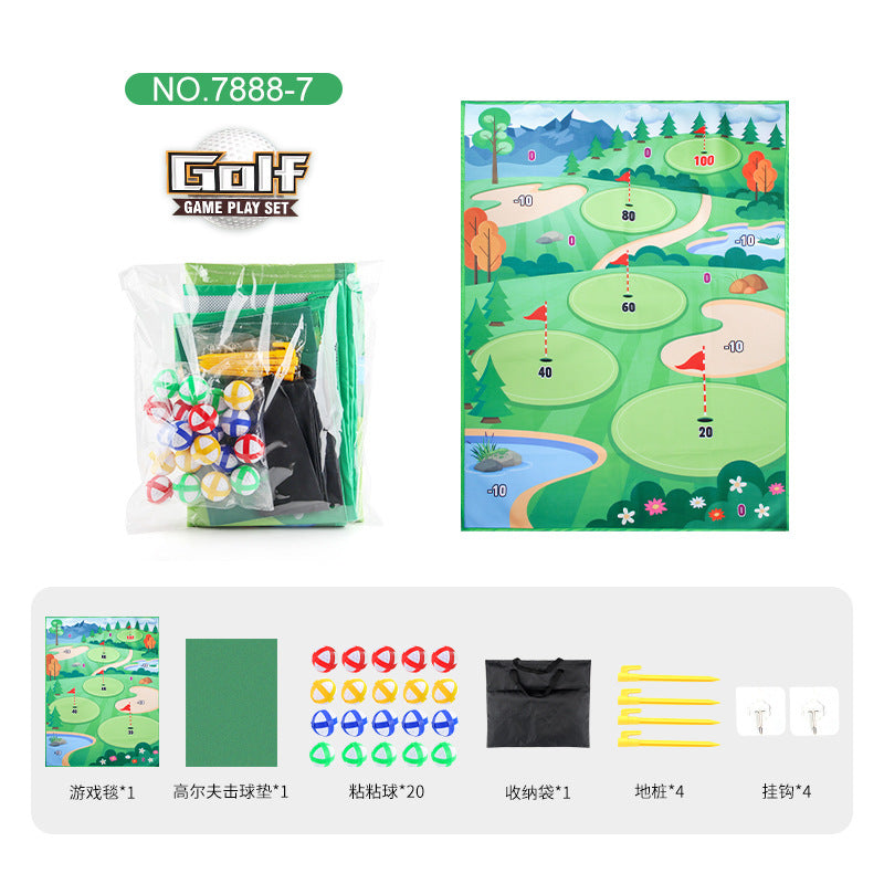 Children’s golf game set packaging showing mat, accessories, and numbered field board