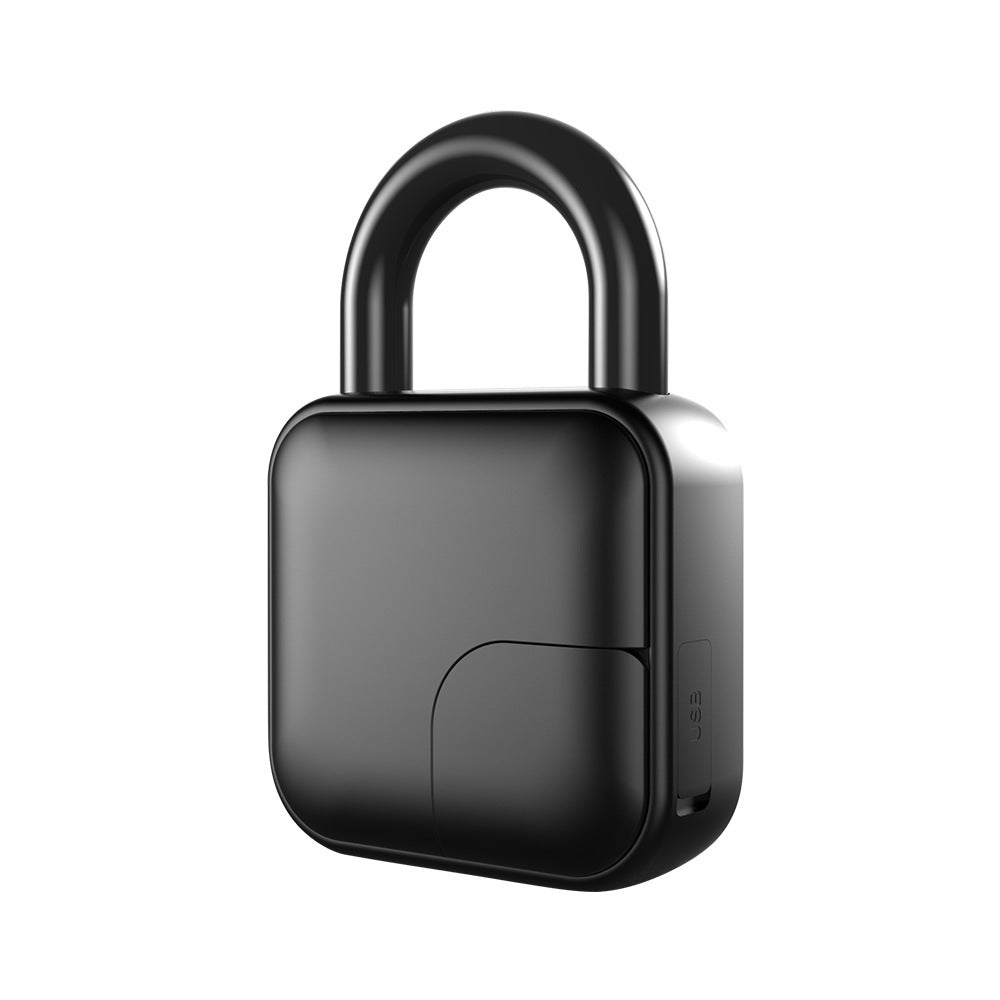 Black fingerprint padlock with glossy body and integrated sensor panel