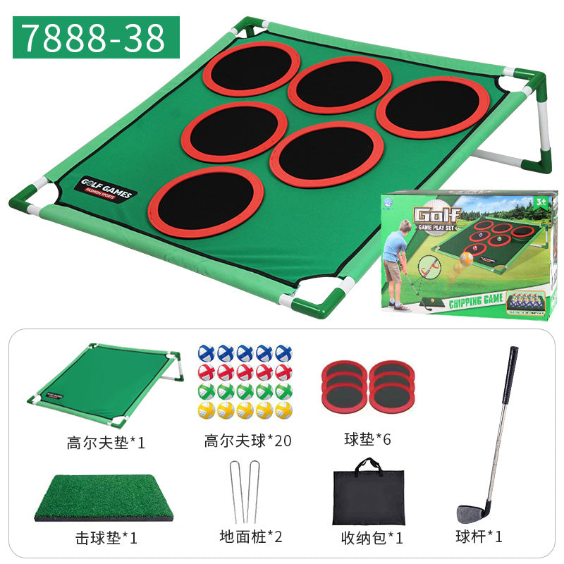 Children’s green putting mat with red-and-black scoring holes and included accessories