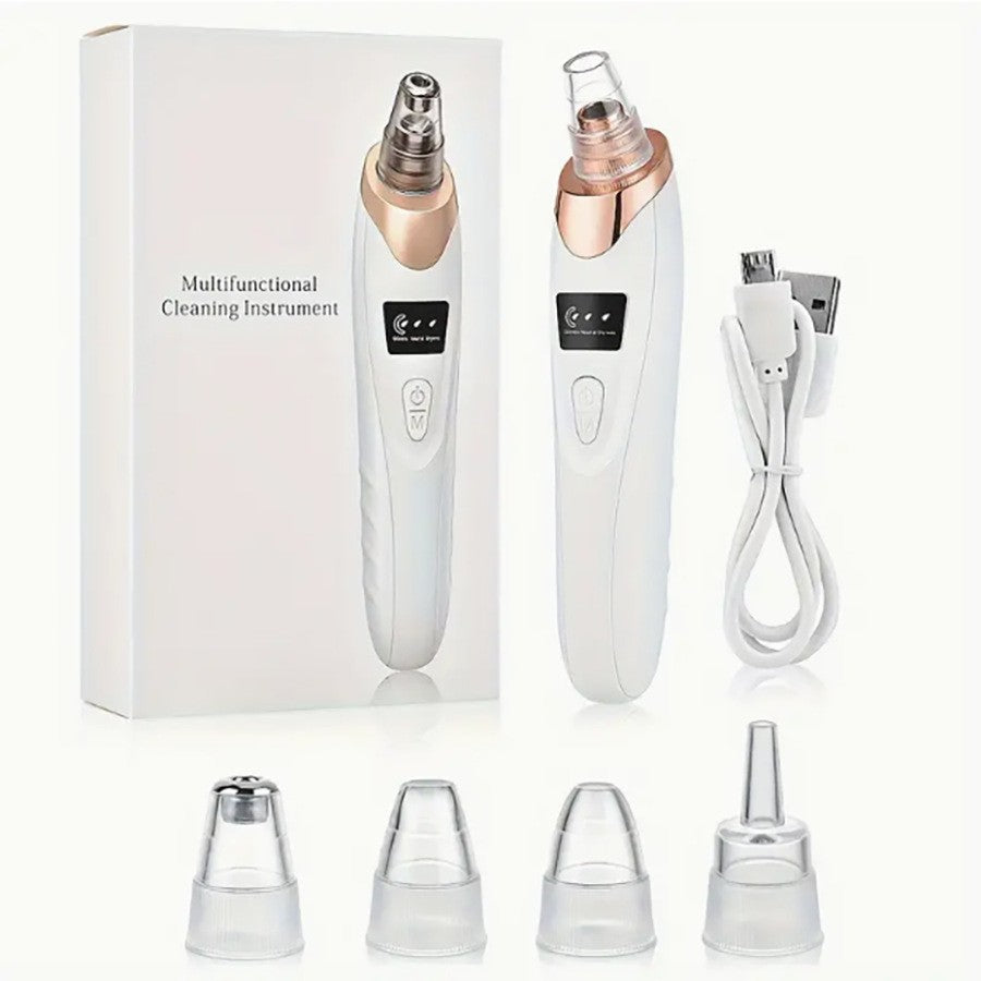 Rechargeable pore vacuum with white body, gold suction nozzle, and four clear suction cups