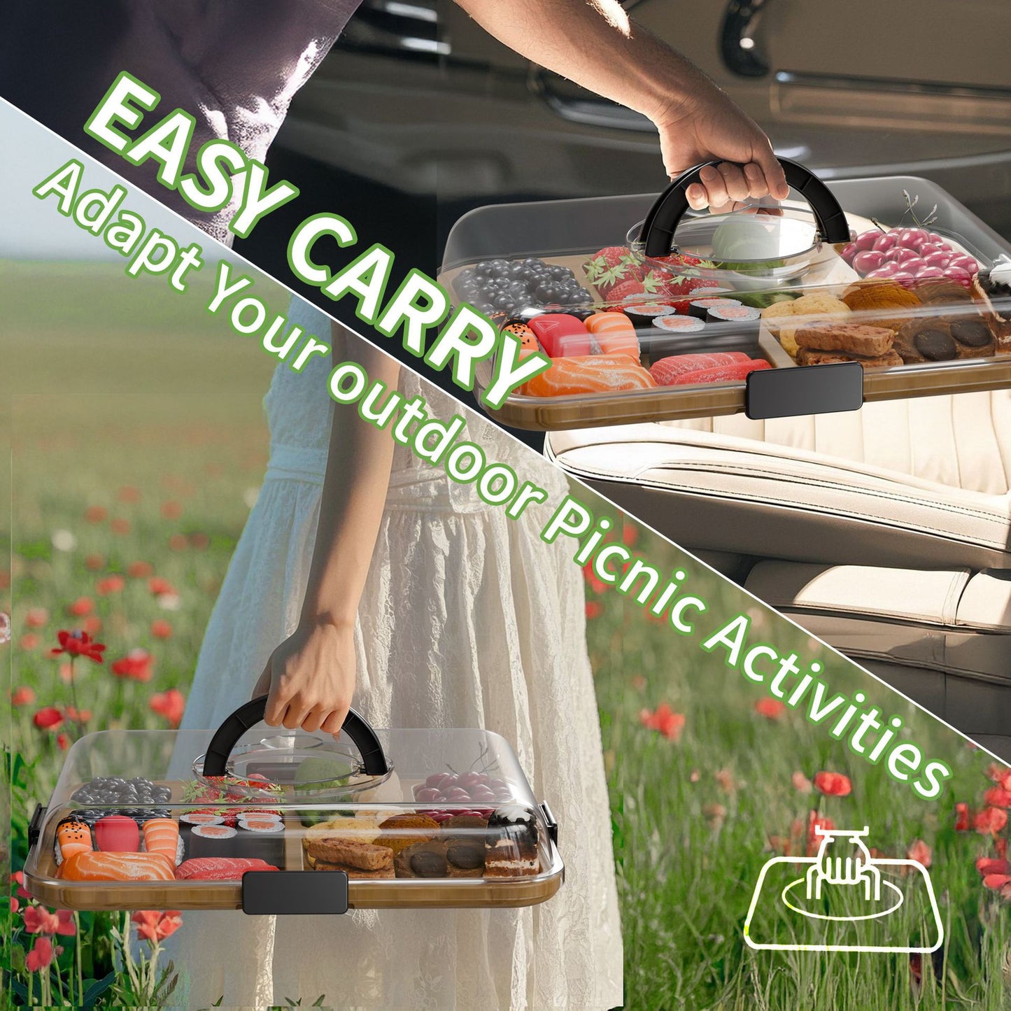 Bamboo charcuterie board with clear lid and carrying handle, set on a picnic table