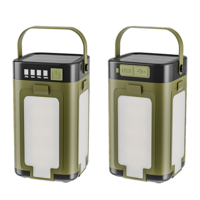 Olive camping lantern, front and side view showing front light window and USB panel