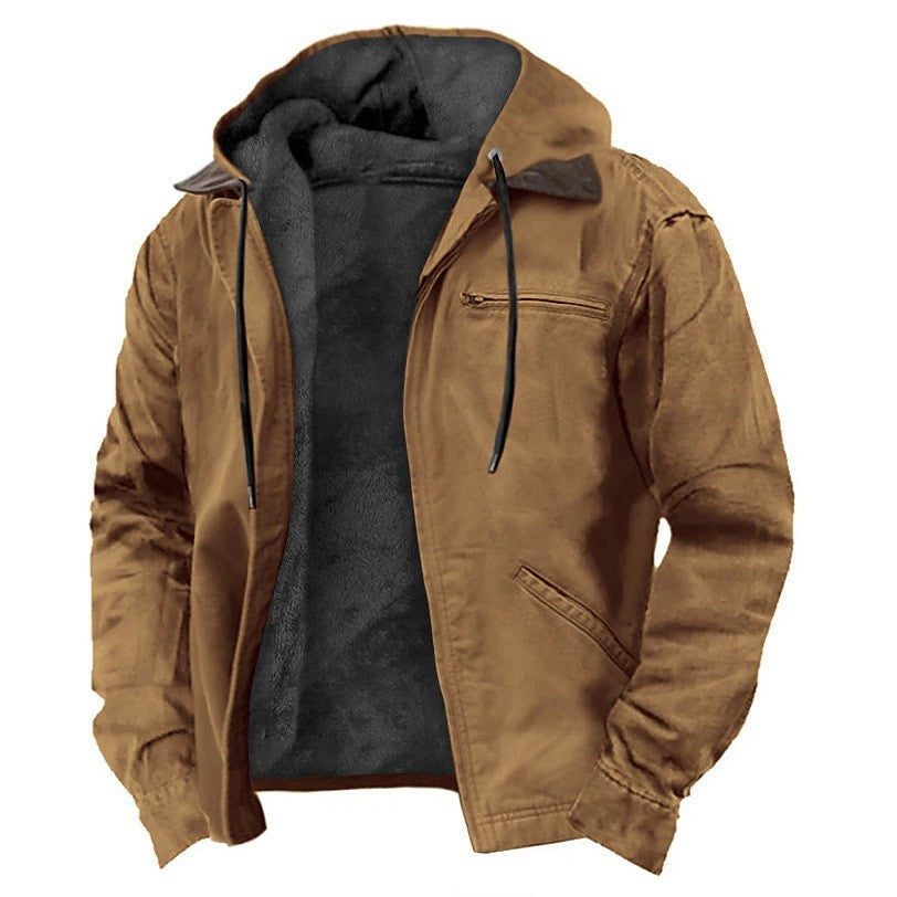 Fleece-lined zip-up hoodie jacket, tan brown, hood, front zipper, side pockets