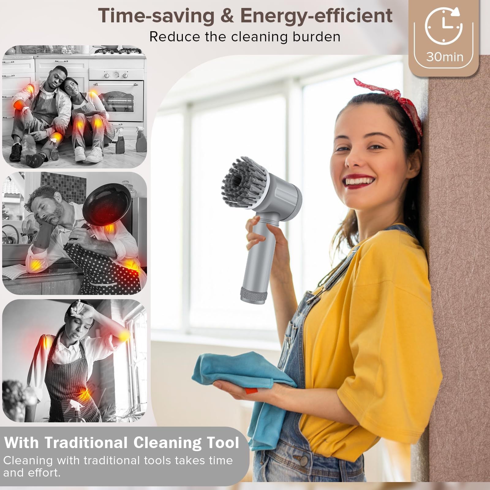 Grey handheld electric scrub brush with round rotating cleaning head