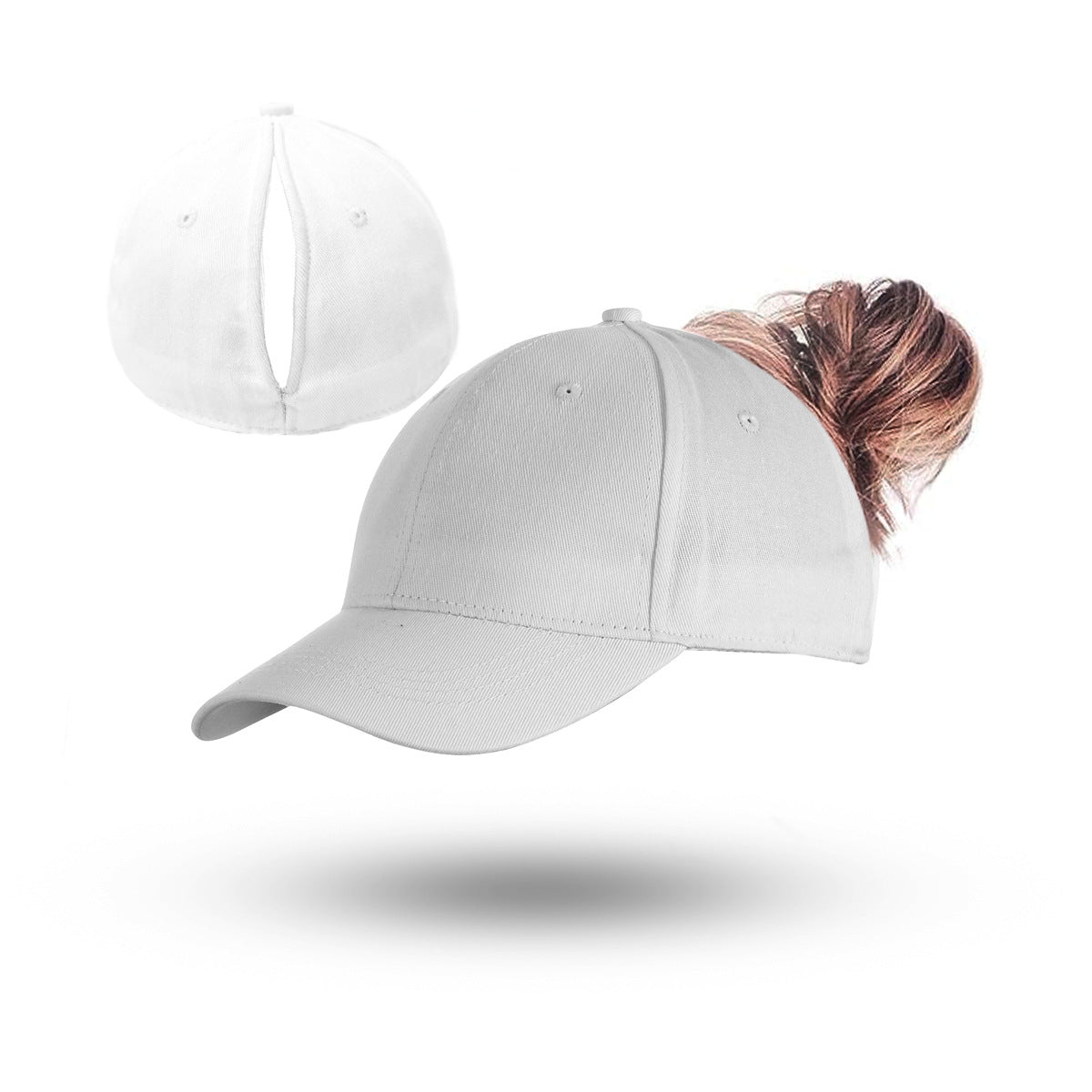 Set of white and gray ponytail baseball caps with open back
