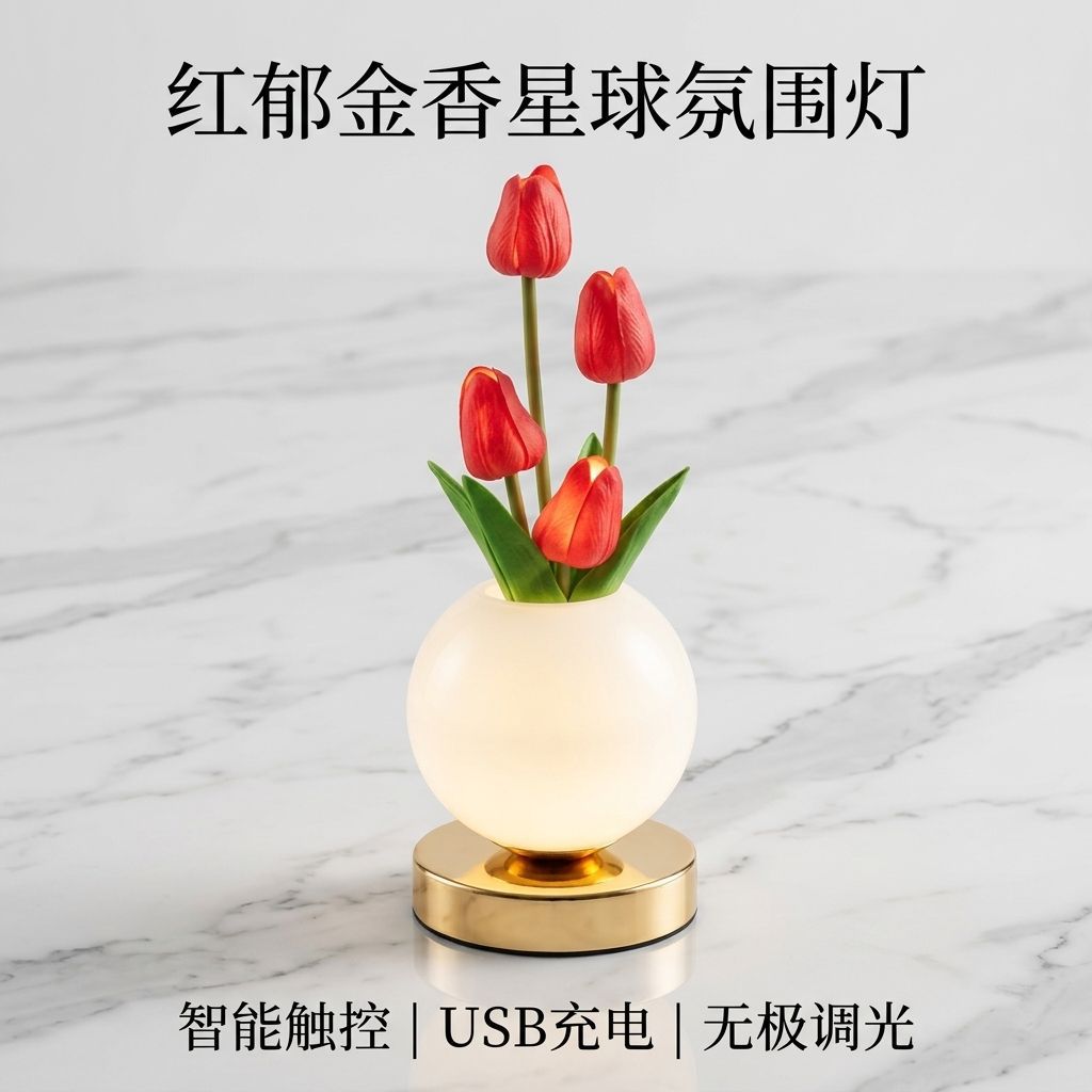 LED tulip night light with red tulips and white glass pot on gold charging base