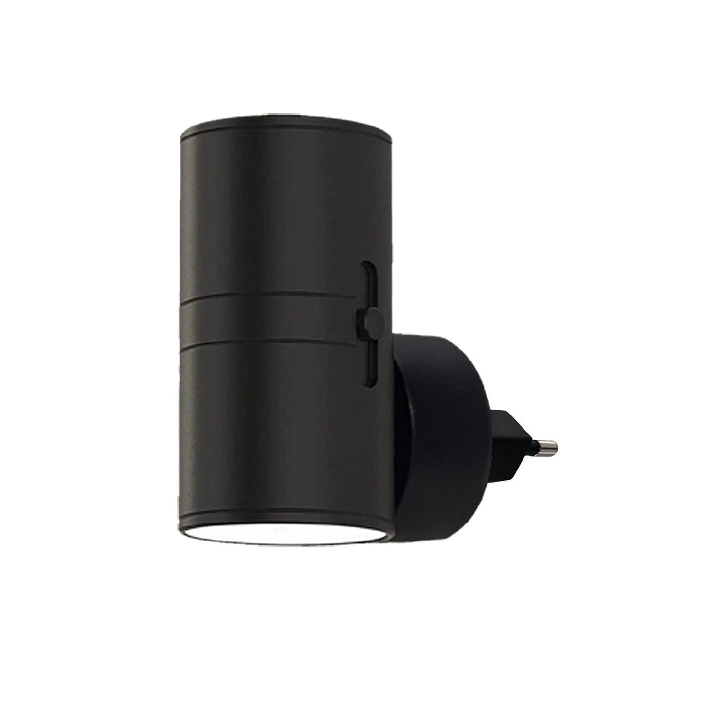 Black cylinder LED night light with motion sensor, wall plug and downward light lens