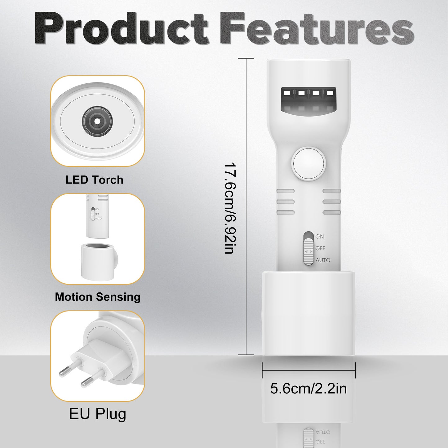 White LED motion-sensing torch with charging base and EU plug, with size callouts