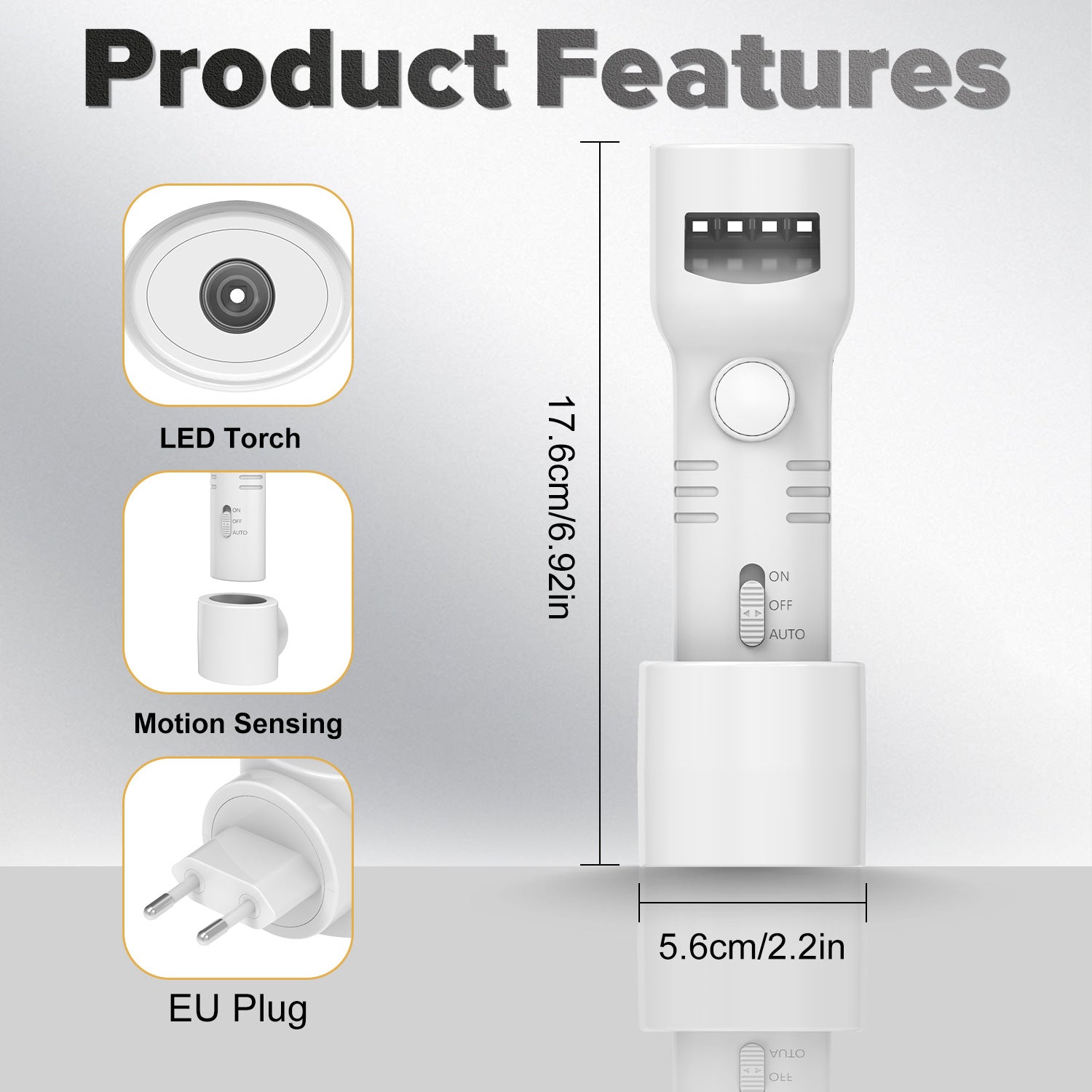 White LED motion-sensing torch with charging base and EU plug, with size callouts