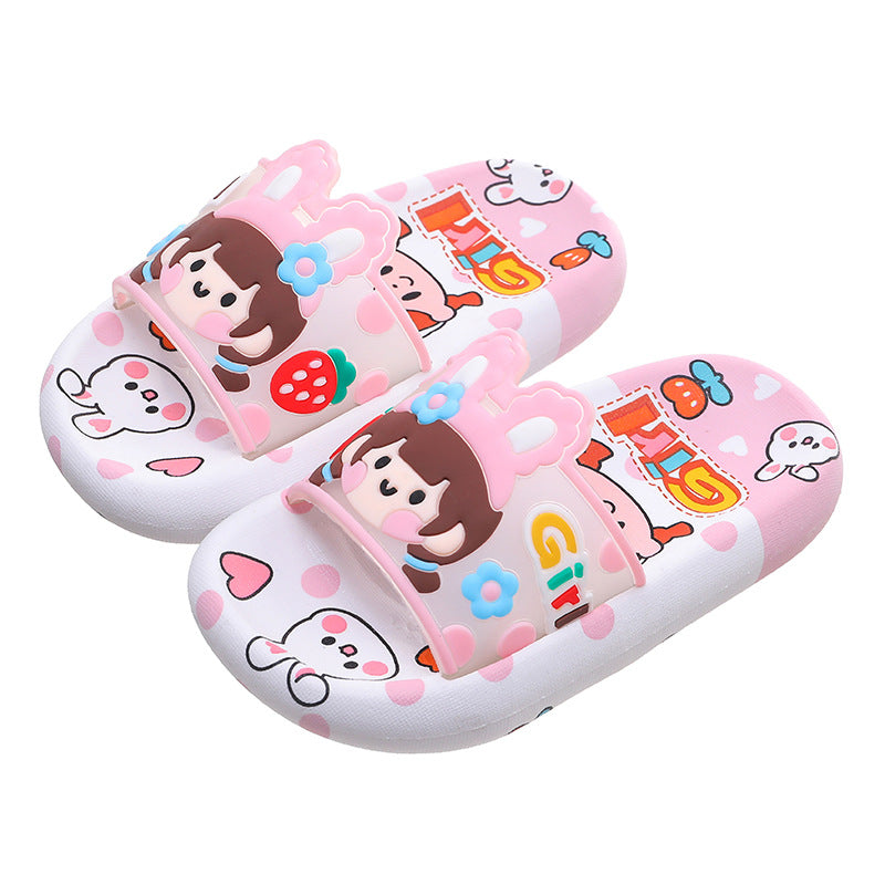 Pink cartoon indoor slippers with kids faces, strawberry details, soft slide sandals