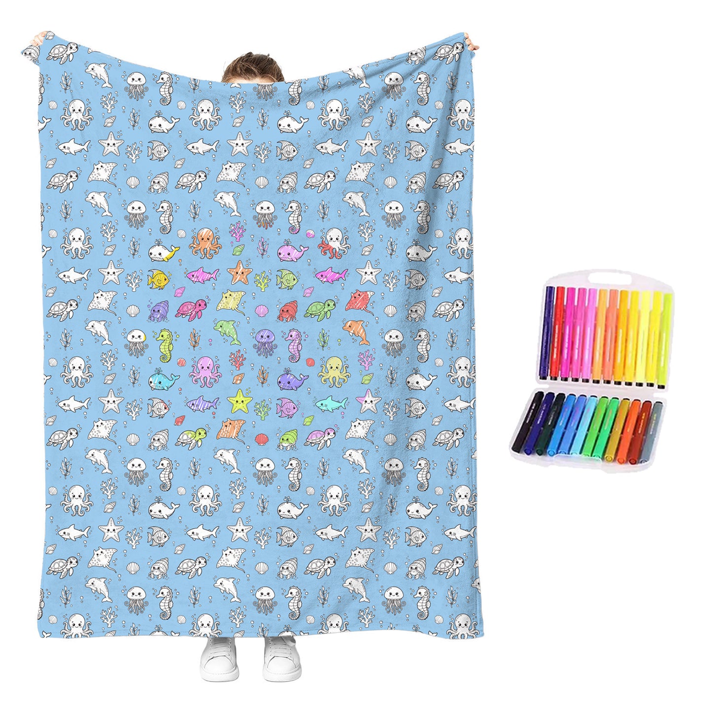 Reusable coloring blanket with light blue background and cute sea animal pattern