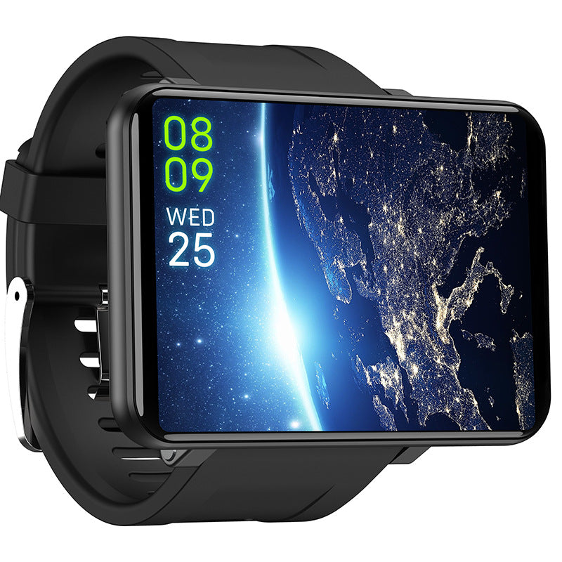 Black android smartwatch with large touchscreen showing map and date/time