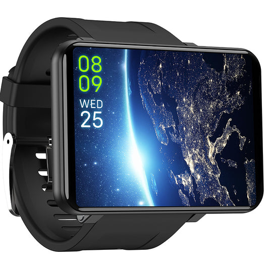 Black android smartwatch with large touchscreen showing map and date/time