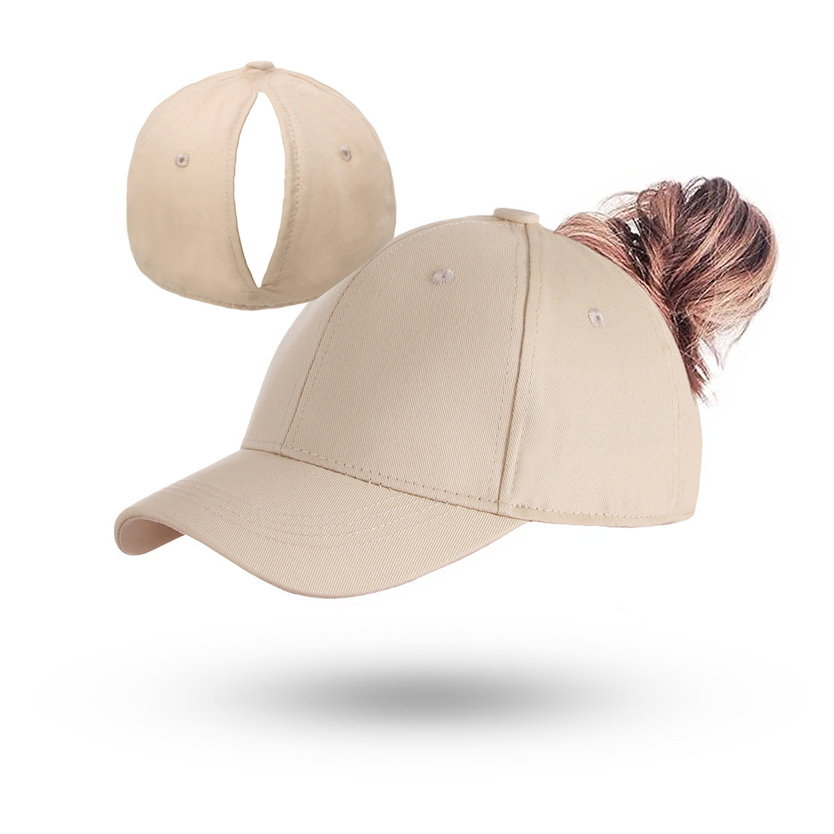 Beige ponytail baseball cap with open back and curved brim