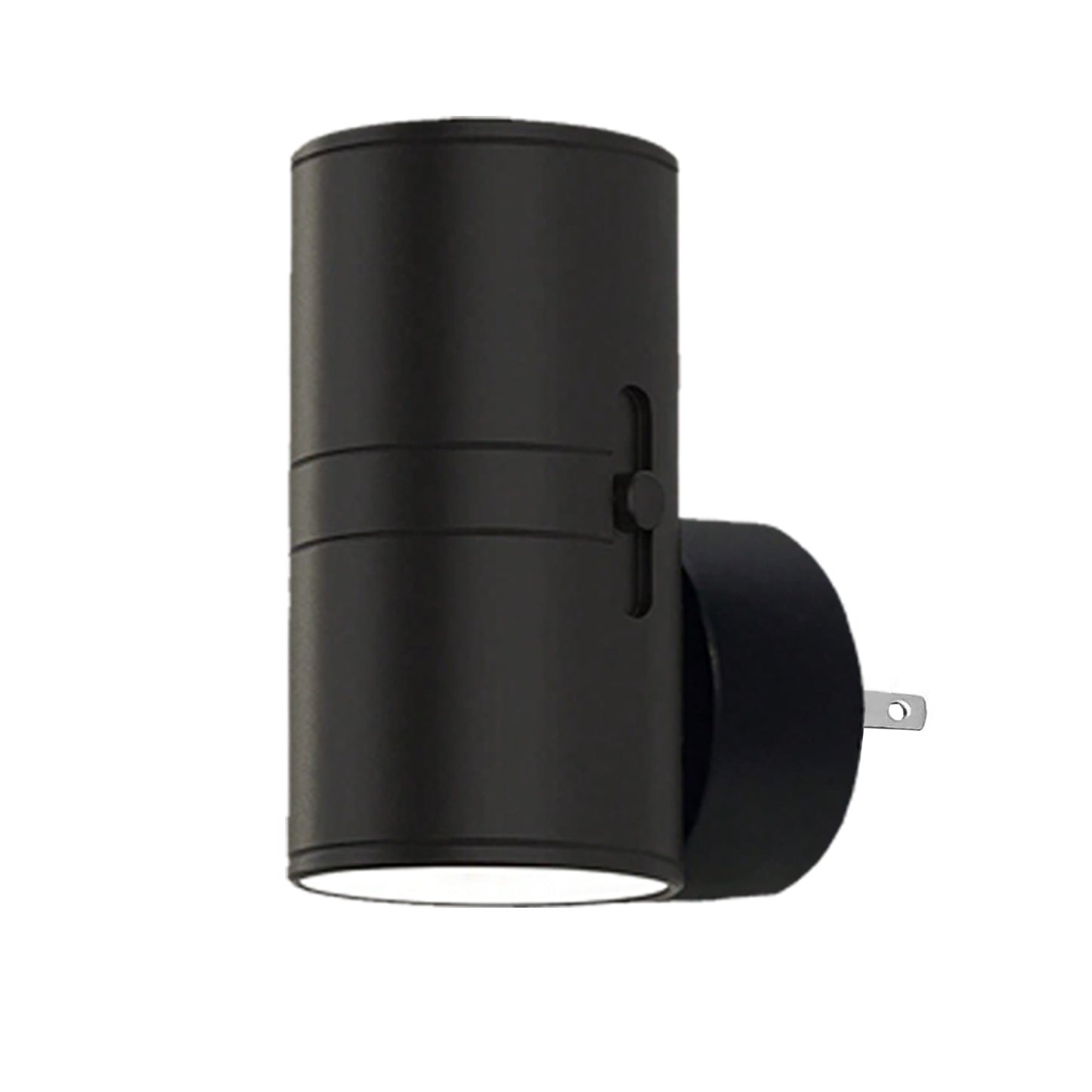 Black LED motion sensor wall light, cylindrical head with plug prongs and bracket