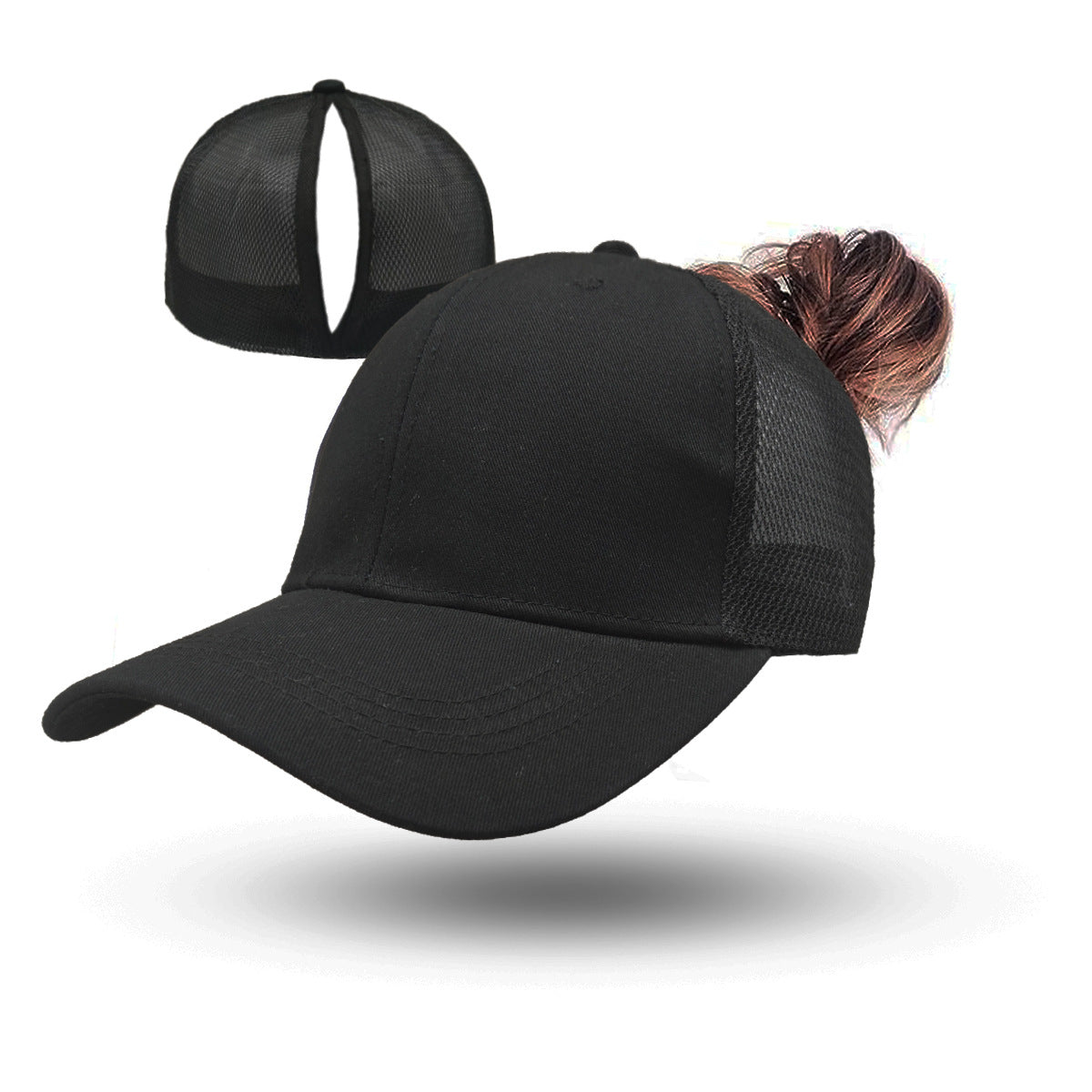 Black ponytail baseball cap with open back and curved brim