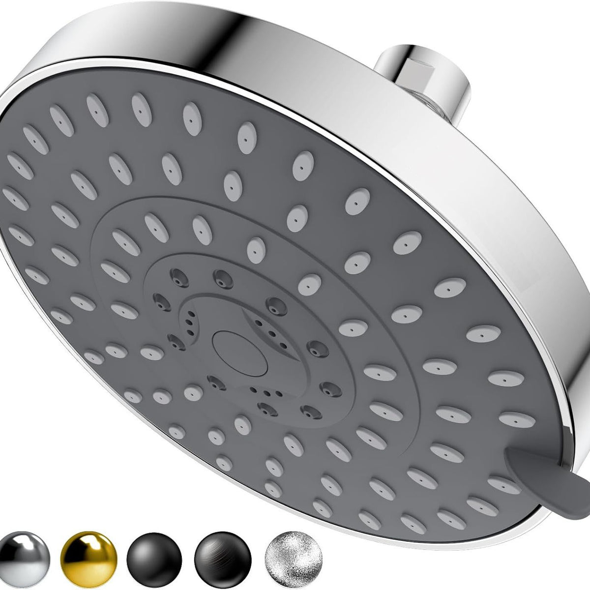 Round chrome shower head faceplate with many spray outlets and nozzle holes