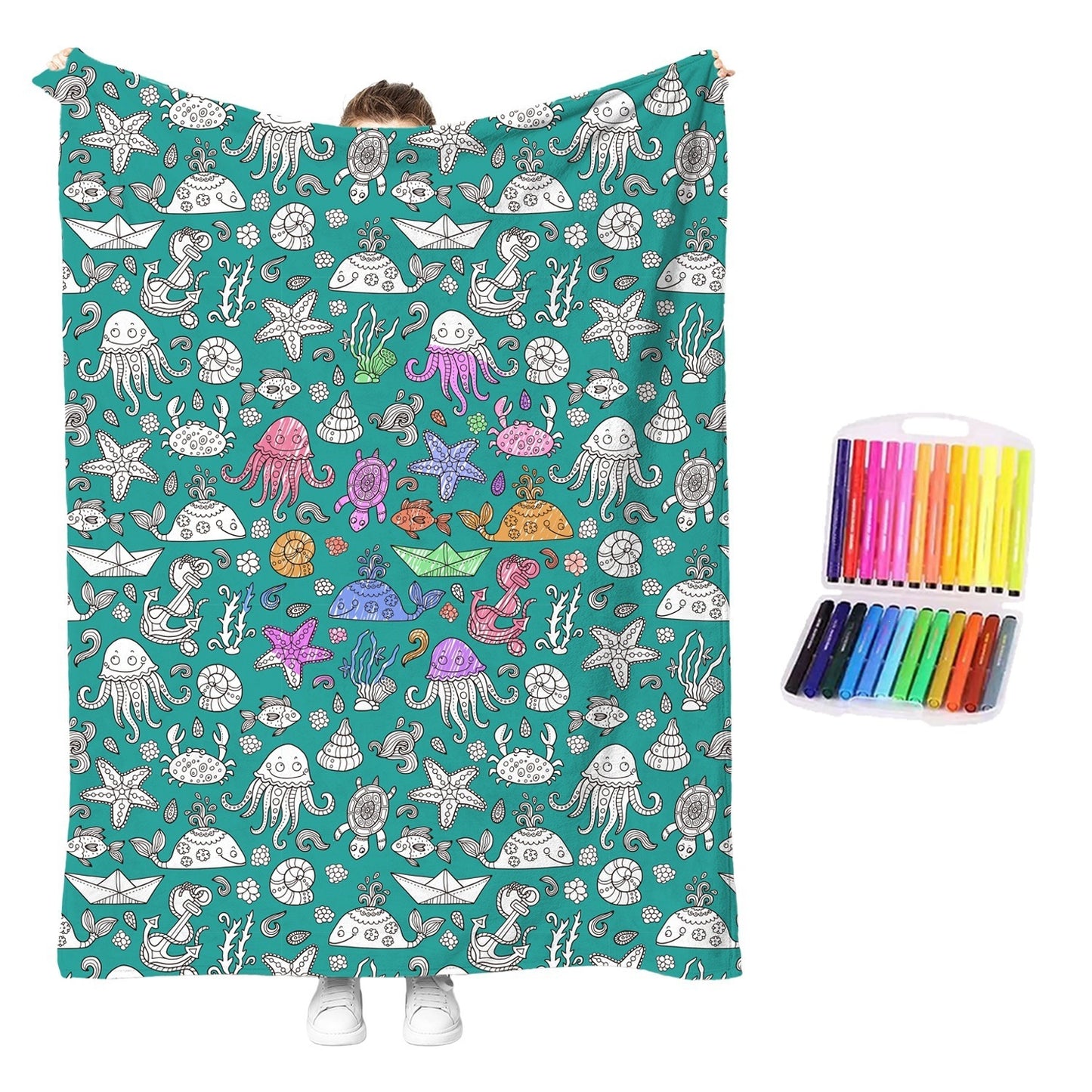 Reusable coloring blanket with teal sea pattern and mermaid, jellyfish outlines