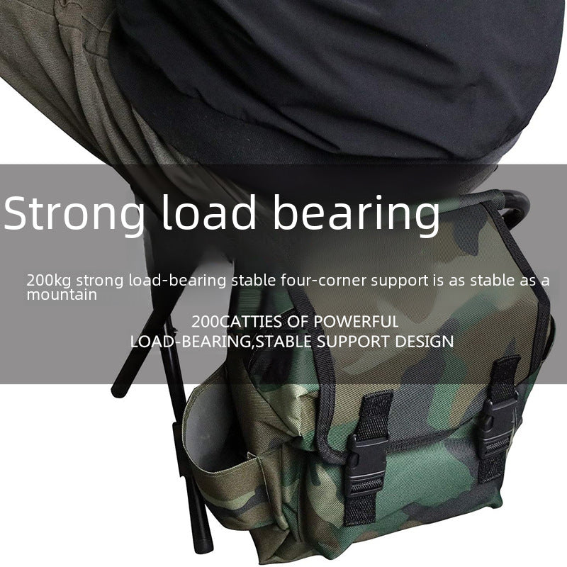 Camouflage stool with backpack storage, reinforced corners and sturdy four-leg frame.