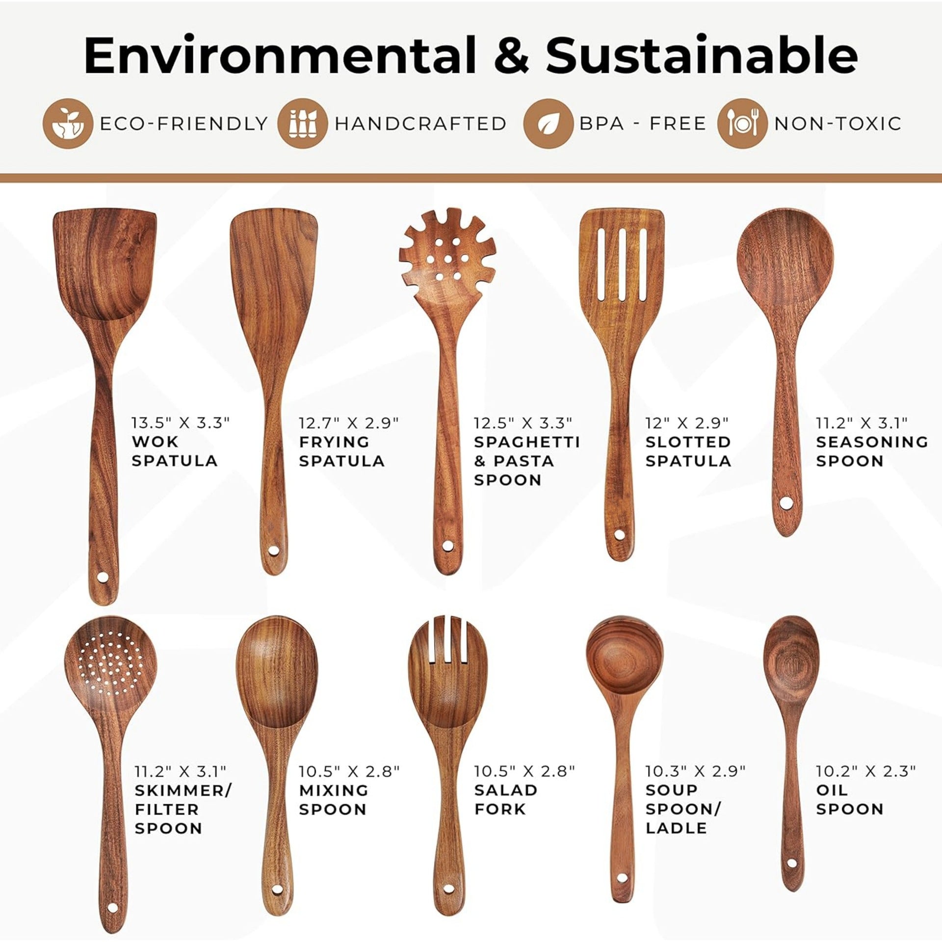 Wooden kitchen utensil set with multiple spatulas, serving spoons, and perforated strainer spoons