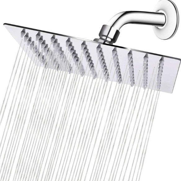 Rain shower head panel with curved chrome pipe and multi-jet spray