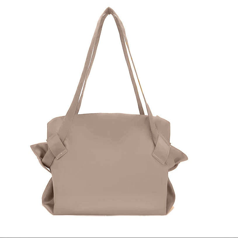 Khaki large-capacity duffel bag with top handles and side gussets