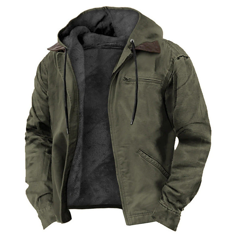 Fleece-lined zip-up hoodie jacket, olive green, hood, front zipper, side pockets
