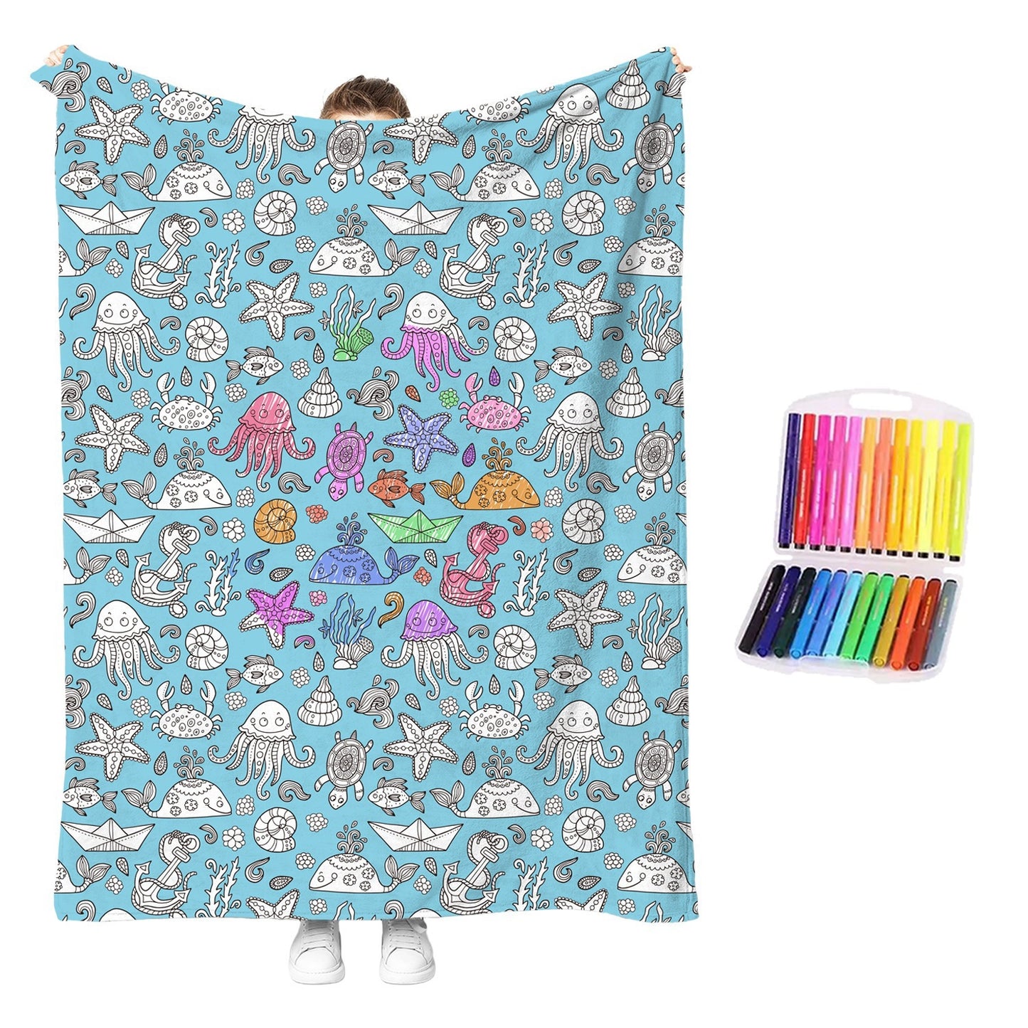 Reusable coloring blanket with blue underwater pattern and colorful sea creature outlines