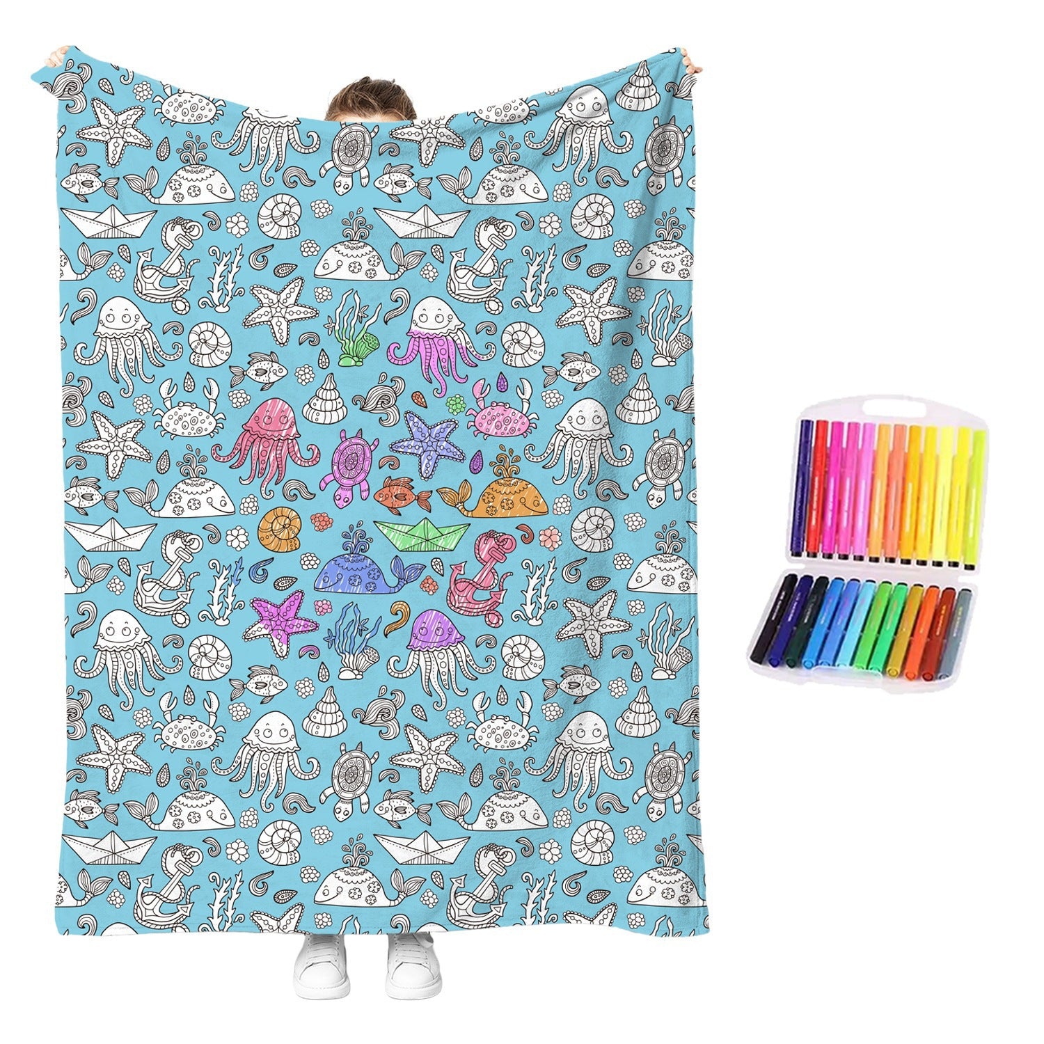 Reusable coloring blanket with blue underwater pattern and colorful sea creature outlines