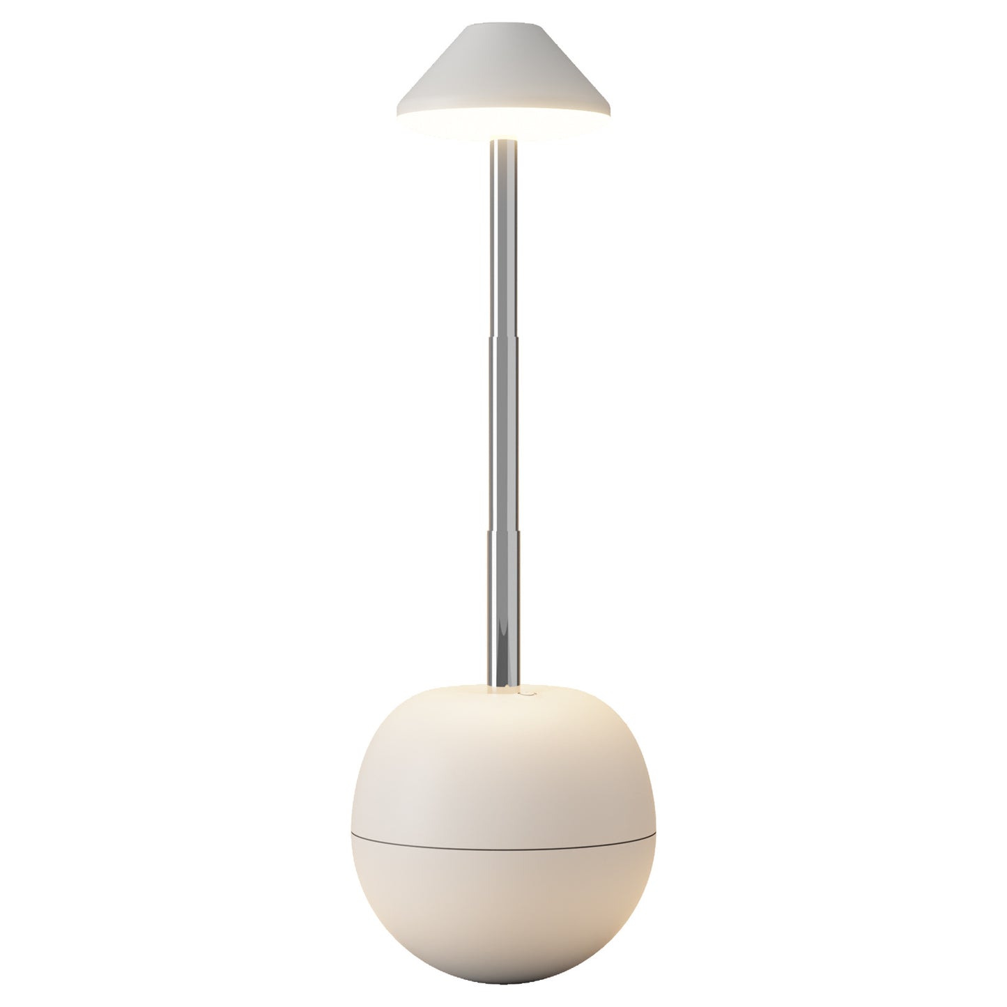 Rechargeable LED bedside night light with white tumbler body and vertical metal light stem