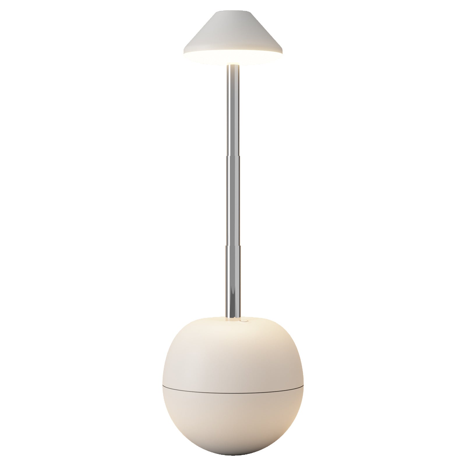 Rechargeable LED bedside night light with white tumbler body and vertical metal light stem