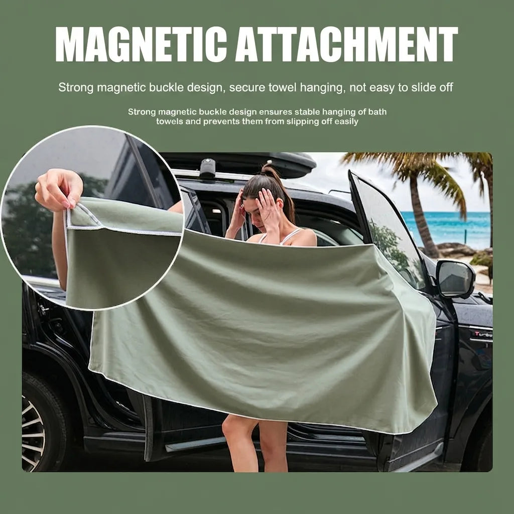 Olive quick-dry beach towel with magnetic buckle attachment, draped over car
