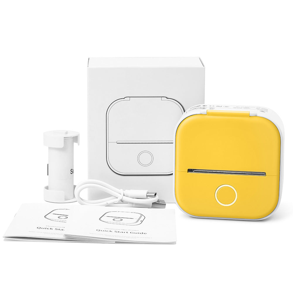 Yellow mini thermal label printer kit with box, cables, and thermal paper rolls