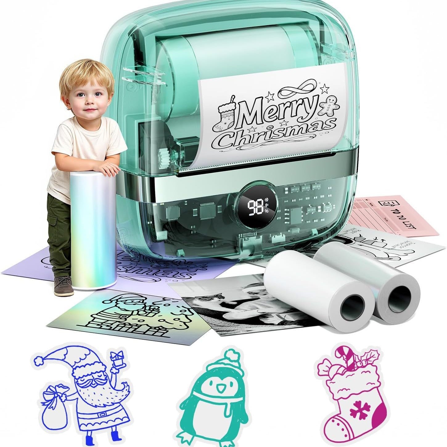 Portable mini thermal printer with teal transparent casing, front display, and paper rolls