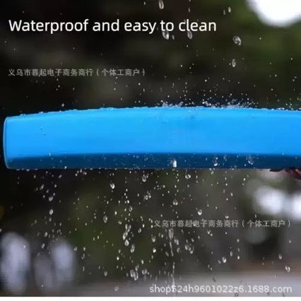Dog car window chin rest support, bright blue bar with water droplets