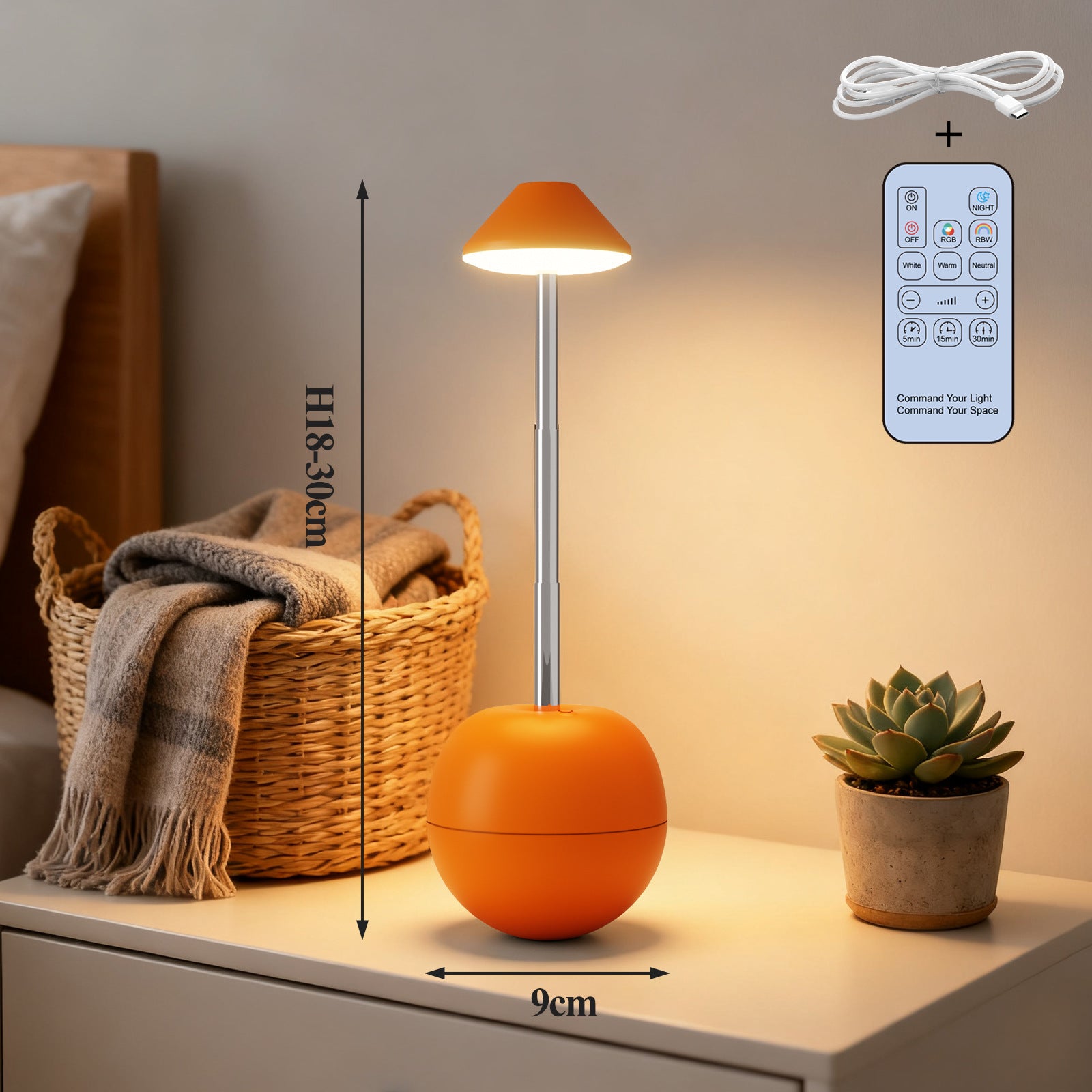 Rechargeable LED bedside night light with orange tumbler base, warm glow, and remote control